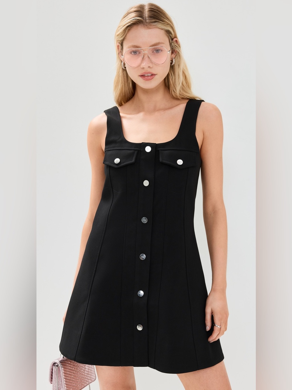 GANNI Black Button Snap Front Bonded Crepe Mini Dress Size 32/US Size 0